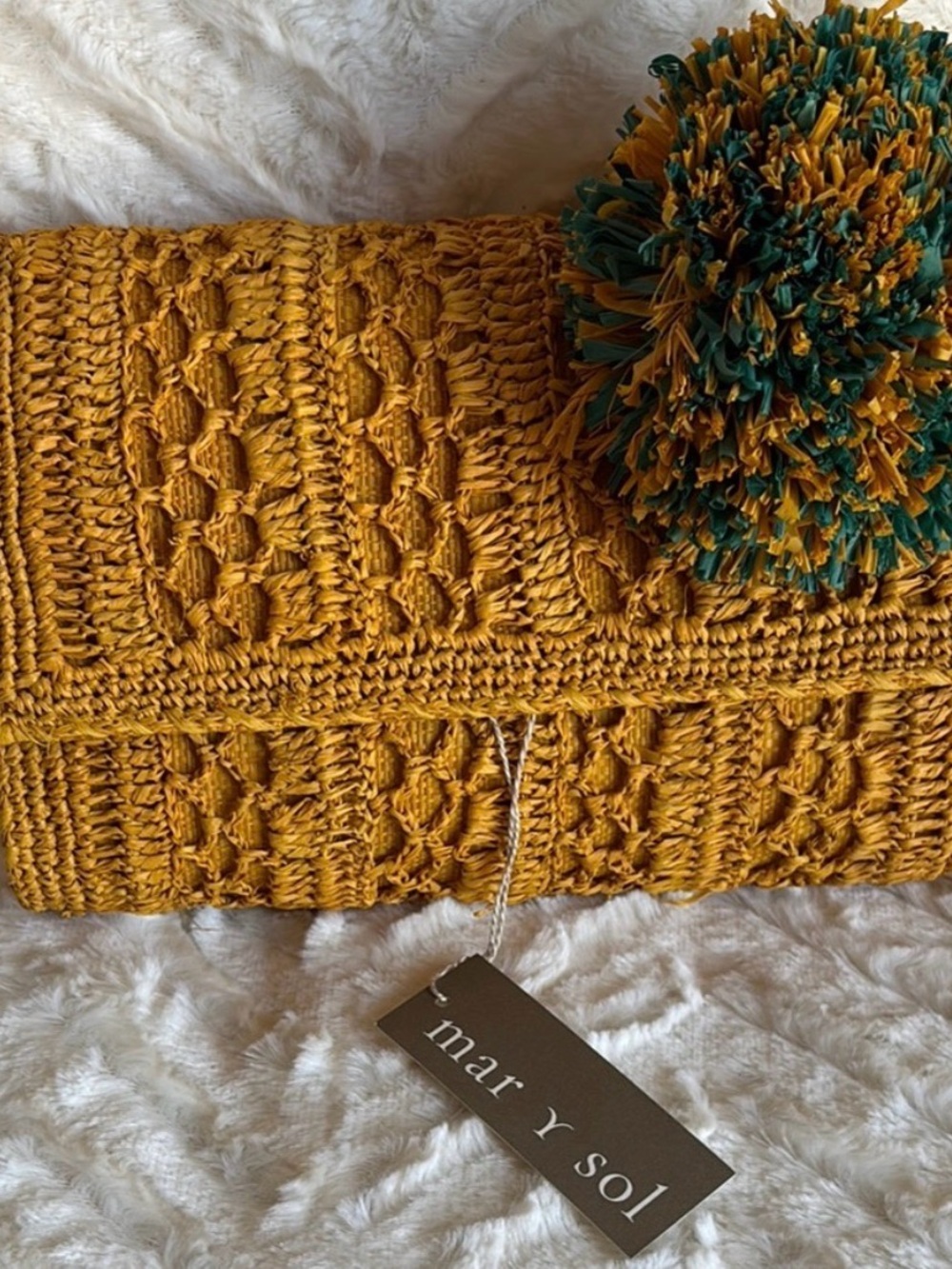 mar y sol Mustard Crochet Clutch with Pom Pom